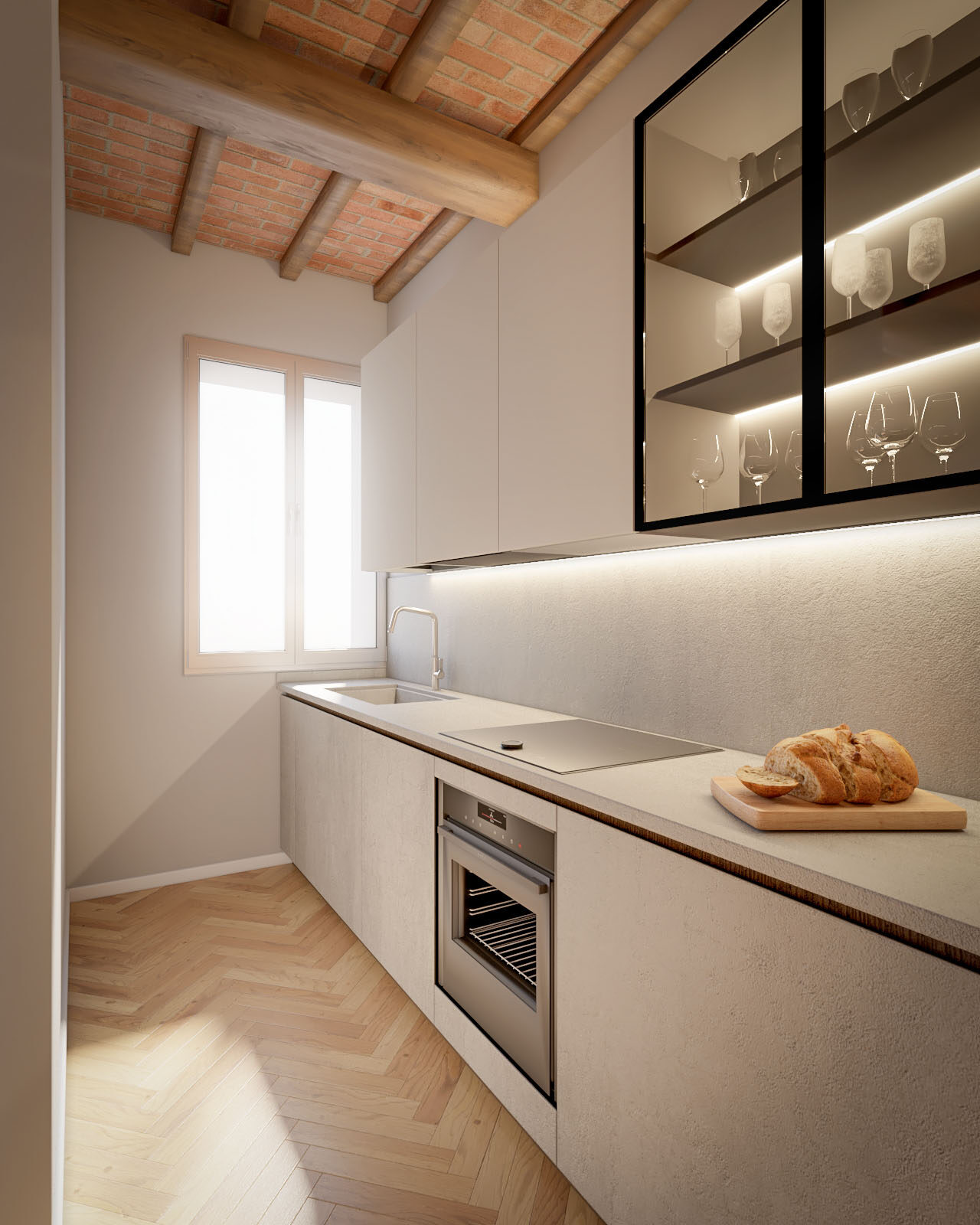 Cucina in noce verso finestra
